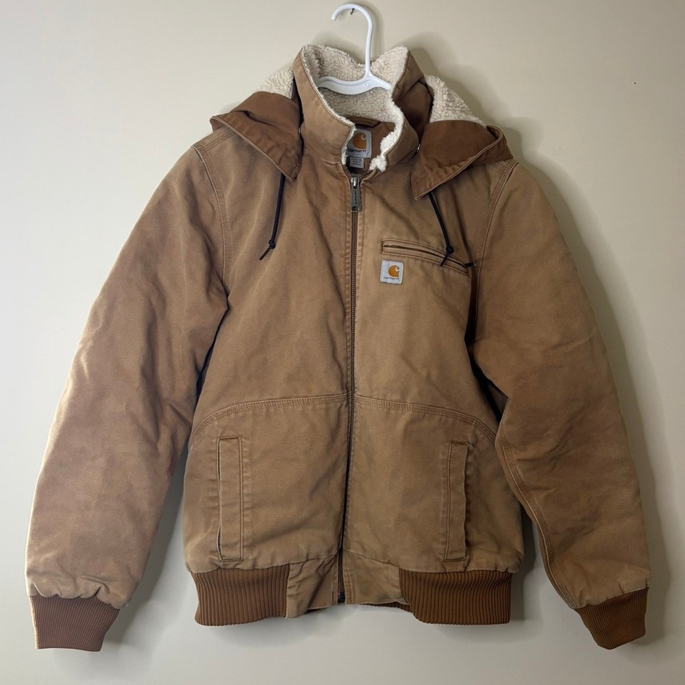 Carhartt Weathered Wildwood Jacket Brown Sherpa Lined Hooded Bomber Womens Large